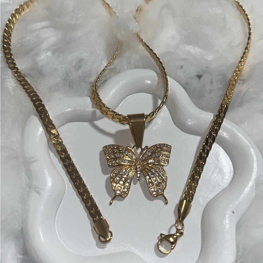 Cuban chain necklace stainless steel flat n k 18k Gold plated . - Picture 2 of 2